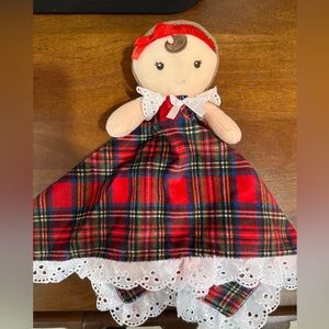 Little Me Red Plaid Baby Doll Lovey Security Blanket White Eyelet Lace Rattle